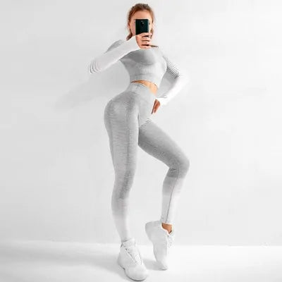 Seamless Ombre Long Sleeve Yoga Set: Women's High-Waisted Fitness Suit